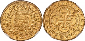 Philip V gold 8 Escudos 1707 S-M AU53 NGC, Seville mint, KM260, Fr-247. A lesser-seen date in this already scarce series, the first example from this ...
