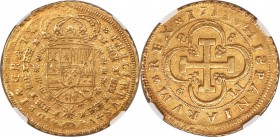 Philip V gold 8 Escudos 1711/0 S-M AU55 NGC, Seville mint, KM260, Cal-171, Fr-247. Obv. Crowned Bourbon Coat of Arms. Rev. Cross in quatrefoil. A supe...