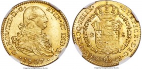Charles IV gold 2 Escudos 1807 S-CN MS64 NGC, Seville mint, KM435.2. Vibrant luster throughout the satin-textured, apricot-hued surfaces serves to hig...