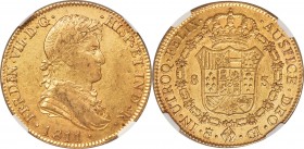 Ferdinand VII gold 8 Escudos 1811-CI AU50 NGC, Cadiz mint, KM470, Fr-305. Variety with point before "HISP". A strong strike for this often slightly cr...