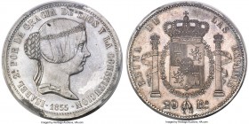 Isabel II silvered (Reverse) tin Specimen Pattern 20 Reales 1855 SP62 PCGS, cf. Cal-pg. 772. 37.5mm. By Fernández Pescador. A rare pattern type with t...