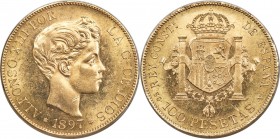 Alfonso XIII gold 100 Pesetas 1897(97) SG-V MS62 NGC, Madrid mint, KM708, Fr-347. A brilliant selection of the type showcasing semi-reflective and dec...
