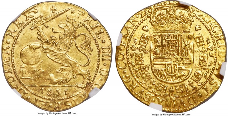 Flanders. Philip IV of Spain gold Souverain d'Or 1651 MS62 NGC, Bruges mint, KM3...