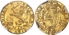 Flanders. Philip IV of Spain gold Souverain d'Or 1657 MS61 NGC, Bruges mint, KM32, Fr-227. 5.51gm. An impressive piece with the striking image of a cr...
