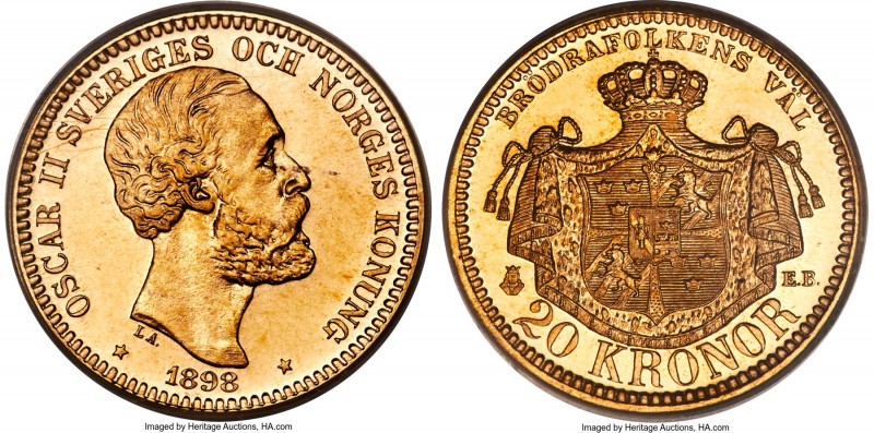 Oscar II gold Specimen 20 Kronor 1898-EB SP64 PCGS, Stockholm mint, KM748 (unlis...