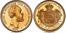 Oscar II gold Specimen 20 Kronor 1898-EB SP64 PCGS, Stockholm mint, KM748 (unlisted in Proof or Specimen), Fr-93a, SGM-23. Imbued with a light honey h...