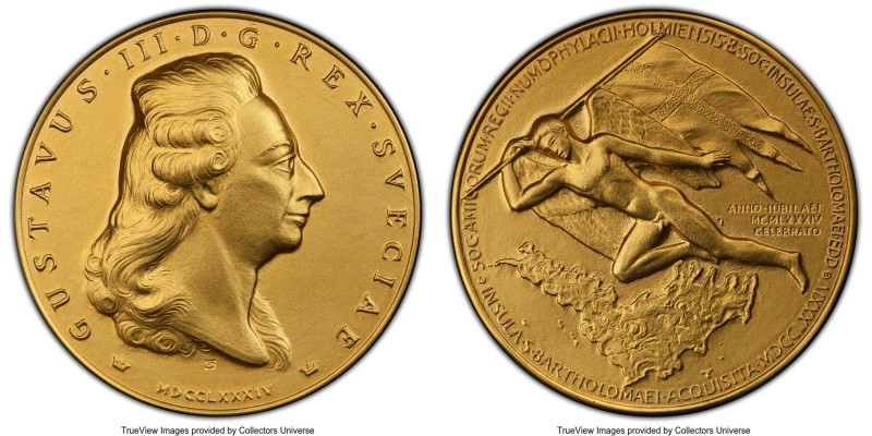 "For the Acquisition of St. Bartholomew" gold Specimen Medal 1984 SP67 PCGS, 90g...