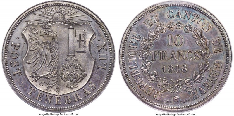 Geneva. Canton 10 Francs 1848 MS62 NGC, KM138, Dav-374, HMZ-2-363a. Mintage: 385...