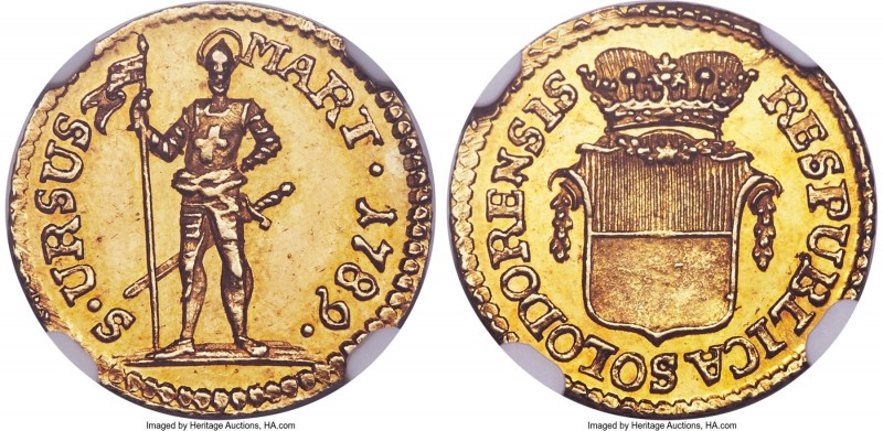 Solothurn. Canton gold 1/4 Duplone 1789 MS64+ NGC, KM55, Fr-393, HMZ-2-843a. A b...