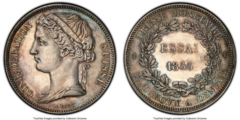 Confederation silver Specimen Piefort Essai 5 Francs 1855 SP61 PCGS, KM-XE5, HMZ...