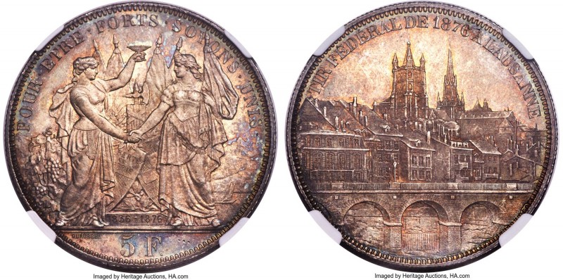 Confederation "Lausanne Shooting Festival" 5 Francs 1876 MS66 NGC, KMX-S13, Rich...