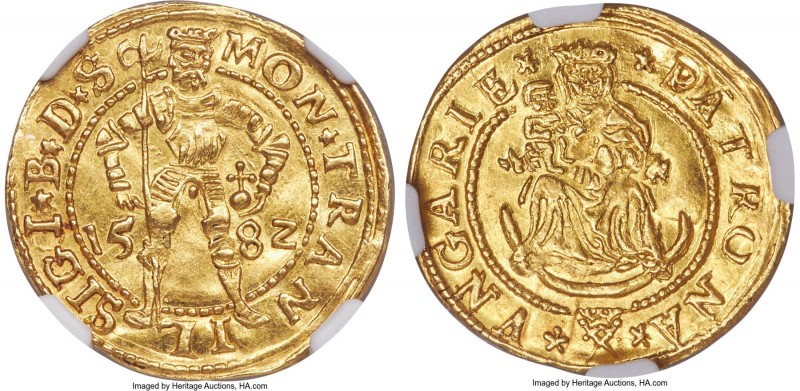 Sigismund Bathory gold Ducat 1582 MS63 NGC, Nagyszeben mint, Fr-295, Resch-6. MO...