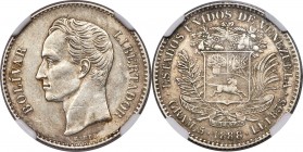 Republic Bolivar 1888-(c) AU53 NGC, Caracas mint, KM-Y22, Stohr-47, OAV-1B-A.4. Mintage: 197,000. The second rarest date in the series and one which s...