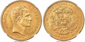 Republic gold 100 Bolivares 1887 AU55 NGC, Caracas mint, KM-Y34. Pleasing coppery color with substantial luster remaining. A pair of small nicks on th...