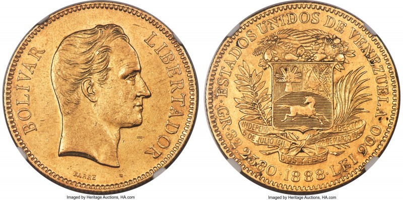 Republic gold 100 Bolivares 1888 AU Details (Reverse Cleaned) NGC, Caracas mint,...