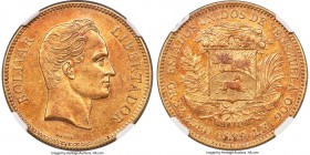 Republic gold 100 Bolivares 1889 AU55 NGC, Caracas mint, KM-Y34. Only a hint of wear, and with considerable eye appeal, a pleasant orange peel tone gr...