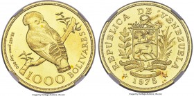 Republic gold "Cock of the Rock" 1000 Bolivares 1975-(l) MS64 NGC, British Royal mint, KM-Y48.1, Fr-8. Mintage: 5,047. Detailed wings variety. Conserv...