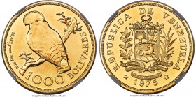 Republic gold "Cock of the Rock" 1000 Bolivares 1975-(l) MS62 NGC, British Royal mint, KM-Y48.2. Conservation series. Smooth wings variety. AGW 0.9675...