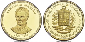 Republic gold Proof "Marino Centennial" 5000 Bolivares 1988 PR69 Ultra Cameo NGC, Royal Canadian mint, KM-Y63. Struck upon the Bicentennial of Santiag...