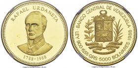 Republic gold Proof "Urdaneta Bicentennial" 5000 Bolivares 1988 PR69 Ultra Cameo NGC, Royal Canadian mint, KM-Y62. Mint: 25,000. AGW 0.4499 oz. 

HI...