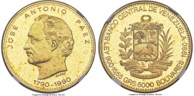 Republic gold Proof "200th Anniversary of Jose Antonio Paez's Birth" 5000 Bolivares 1990-(mm) PR68 Ultra Cameo NGC, Mexico City mint, KM-Y65. Mintage:...