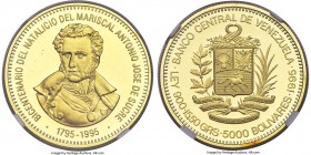 Republic gold Proof "Sucre Bicentennial" 5000 Bolivares 1995 PR68 Ultra Cameo NGC, Royal Canadian mint, KM-Y73. Mintage: 10,000. AGW 0.4499 oz. 

HI...