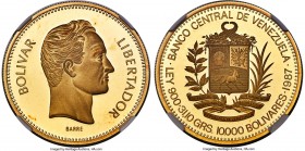 Republic gold Proof 10000 Bolivares 1987 PR67 Ultra Cameo NGC, Caracas mint, KM-Y61. A superb example of this impressive issue, the design of which is...