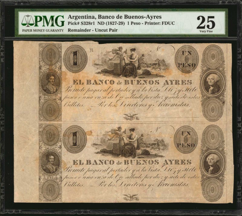 ARGENTINA. Uncut Pair. Banco de Buenos Ayres. 1 Peso, ND (1827-29). P-S328r1. Re...