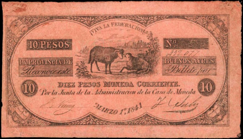 ARGENTINA. Provincia de Buenos Ayres. 10 Pesos, 1841. P-S379a. Fine.
BA-36a. Tw...