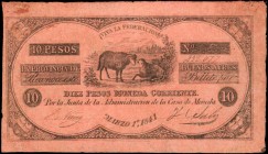ARGENTINA. Provincia de Buenos Ayres. 10 Pesos, 1841. P-S379a. Fine.
BA-36a. Two handwritten signatures. Rosas first "VIVA LA FEDERACION" issue, dark...