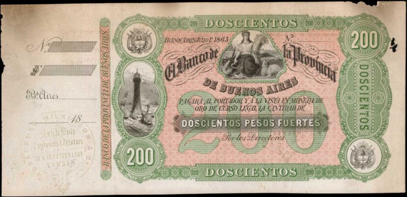 ARGENTINA. Banco de Provincia de Buenos Aires. 200 Pesos, 1865. P-S469s. Specime...