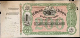 ARGENTINA. Banco de Provincia de Buenos Aires. 200 Pesos, 1865. P-S469s. Specimen. About Uncirculated.
BA-108s Bradbury, Wilkinson Specimen First iss...