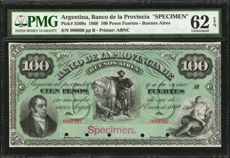 ARGENTINA. Banco de la Provincia. 100 Pesos Fuertes, 1869. P-S508s. Specimen. PM...