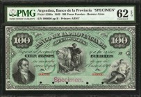 ARGENTINA. Banco de la Provincia. 100 Pesos Fuertes, 1869. P-S508s. Specimen. PMG Uncirculated 62 EPQ.
Printed by ABNC. PMG's population report lists...