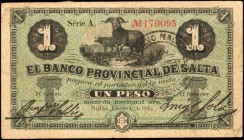 ARGENTINA. El Banco Provincia de Salta. 1 Peso, 1885. P-S786. Fine.
SAL-1 First note issued by this bank with the Banco Nacional Renovación Ley 14 Oc...