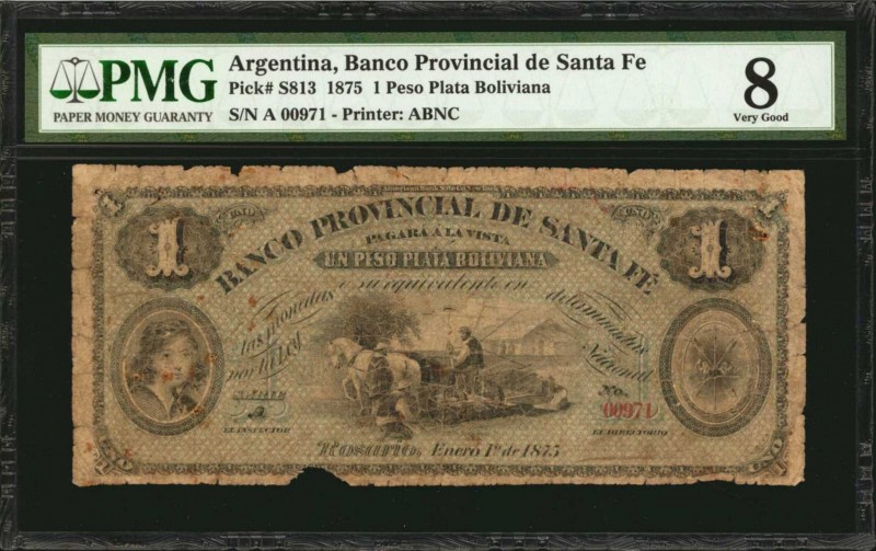 ARGENTINA. Banco Provincial de Santa Fe. 1 Peso Plata Boliviana, 1875. P-S813. P...