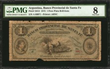 ARGENTINA. Banco Provincial de Santa Fe. 1 Peso Plata Boliviana, 1875. P-S813. PMG Very Good 8.
Printed by ABNC. Portrait of child seen at left, farm...