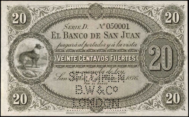 ARGENTINA. El Banco de San Juan. 20 Centavos, 1876. P-S1678s. Specimen. About Un...