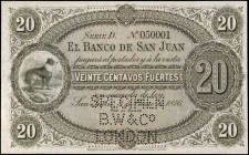 ARGENTINA. El Banco de San Juan. 20 Centavos, 1876. P-S1678s. Specimen. About Uncirculated.
SJU-23s Specimen Printed by Bradbury, Wilkinson, Prepared...