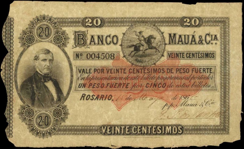 ARGENTINA. Banco Maua. 20 Centesimos, 1865. P-S1747c. Fine.
SFE-20. Rare issued...