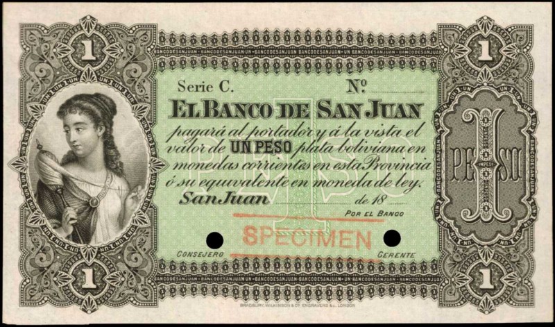 ARGENTINA. El Banco de San Juan. 1 Peso, 18xx. P-S1873. Specimen. About Uncircul...