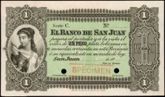 ARGENTINA. El Banco de San Juan. 1 Peso, 18xx. P-S1873. Specimen. About Uncirculated.
SJU-4s Specimen uniface. Printed by Bradbury, Wilkinson. Bauman...