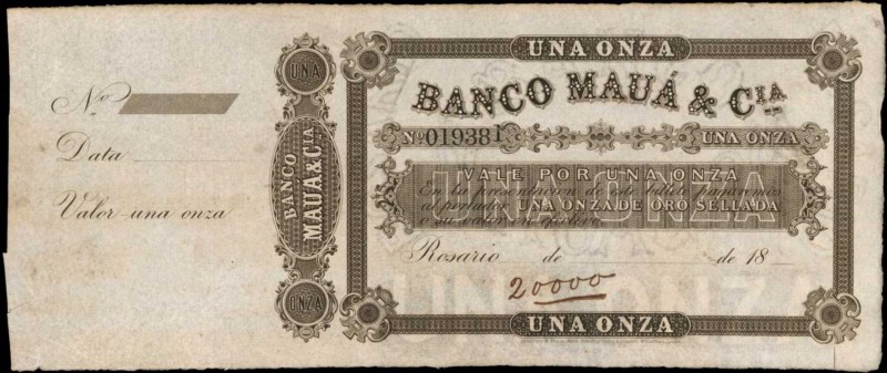 ARGENTINA. Banco de Maua. 1 Onza, 18xx. P-Unlisted. Specimen. Extremely Fine.
S...