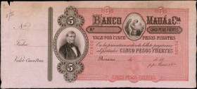 ARGENTINA. Banco de Maua. 5 Pesos, 18xx. P-Unlisted. Specimen. About Uncirculated.
SFE-24s Specimen with full tab. Bauman catalog plate note.
Estima...