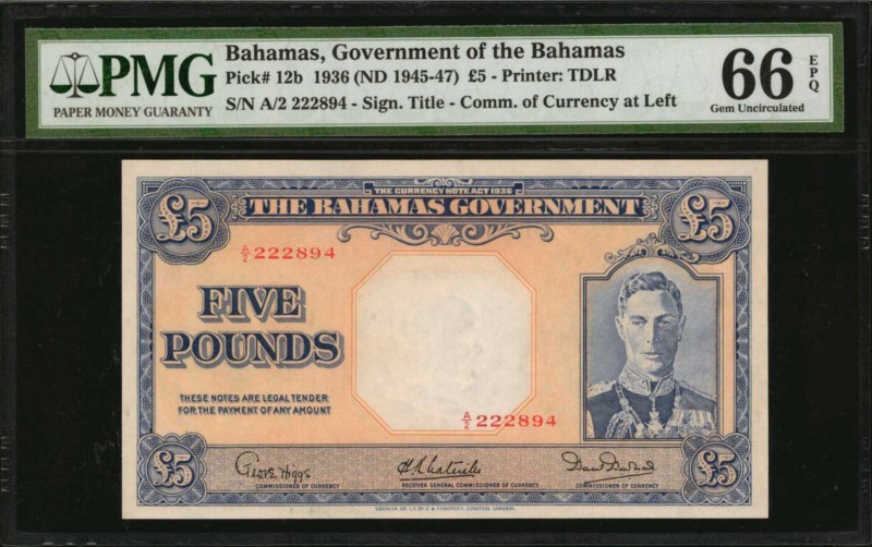 BAHAMAS. Government of the Bahamas. 5 Pounds, 1936 (ND 1945-47). P-12b. PMG Gem ...
