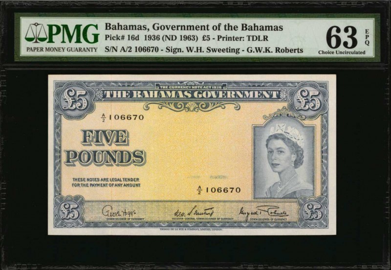 BAHAMAS. Government of the Bahamas. 5 Pounds, 1936 (ND 1963). P-16d. PMG Choice ...