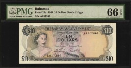 BAHAMAS. Government of the Bahamas. 10 Dollars, 1965. P-22a. PMG Gem Uncirculated 66 EPQ.
Printed by TDLR. QEII at right. A popular 1965 10 Dollar no...