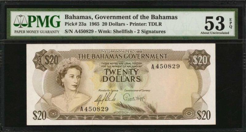 BAHAMAS. Government of the Bahamas. 20 Dollars, 1965. P-23a. PMG About Uncircula...