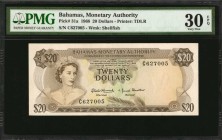 BAHAMAS. Monetary Authority. 20 Dollars, 1968. P-31a. PMG Very Fine 30 EPQ.
Printed by TDLR. Queen Elizabeth II at left, watermark of shellfish at ri...
