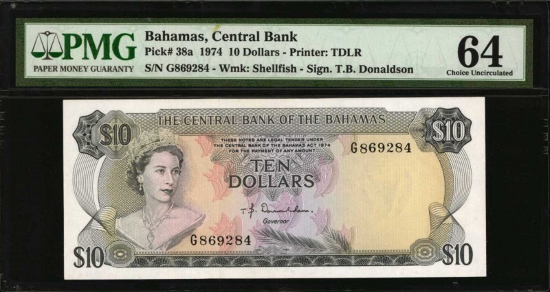 BAHAMAS. Central Bank. 10 Dollars, 1974. P-38a. PMG Choice Uncirculated 64.
Fir...